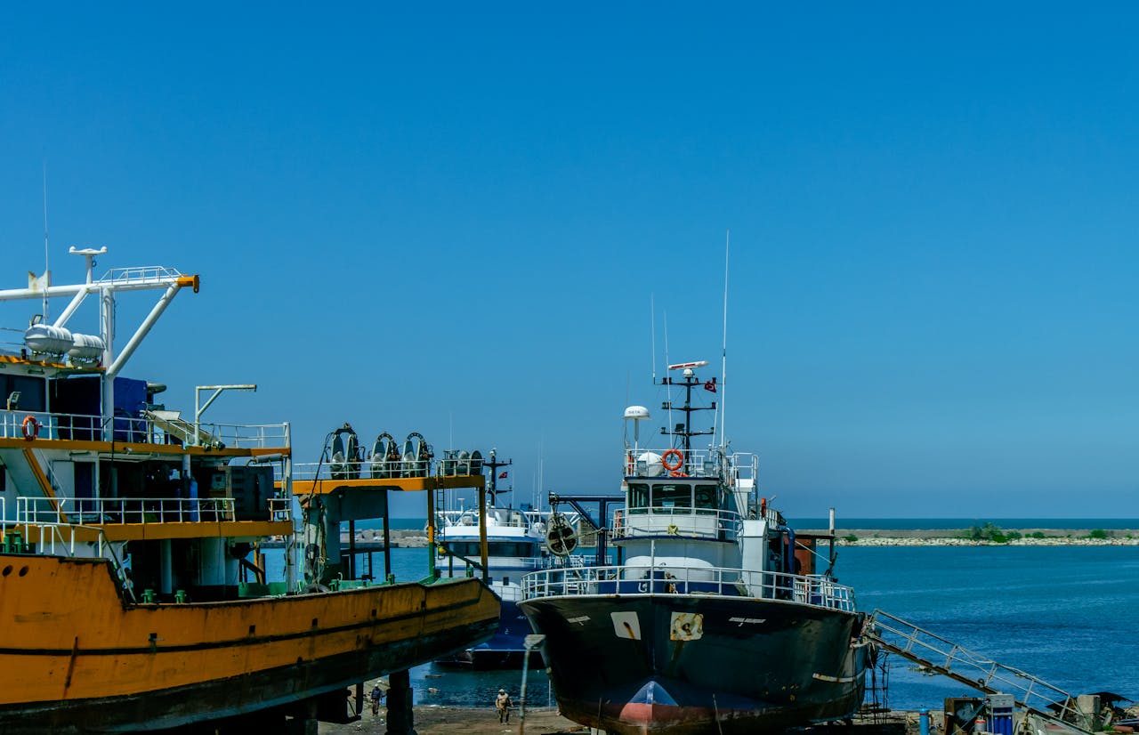 Vibrant scene of fishing boats docked at Trabzon harbor, Turkey under a clear blue sky.